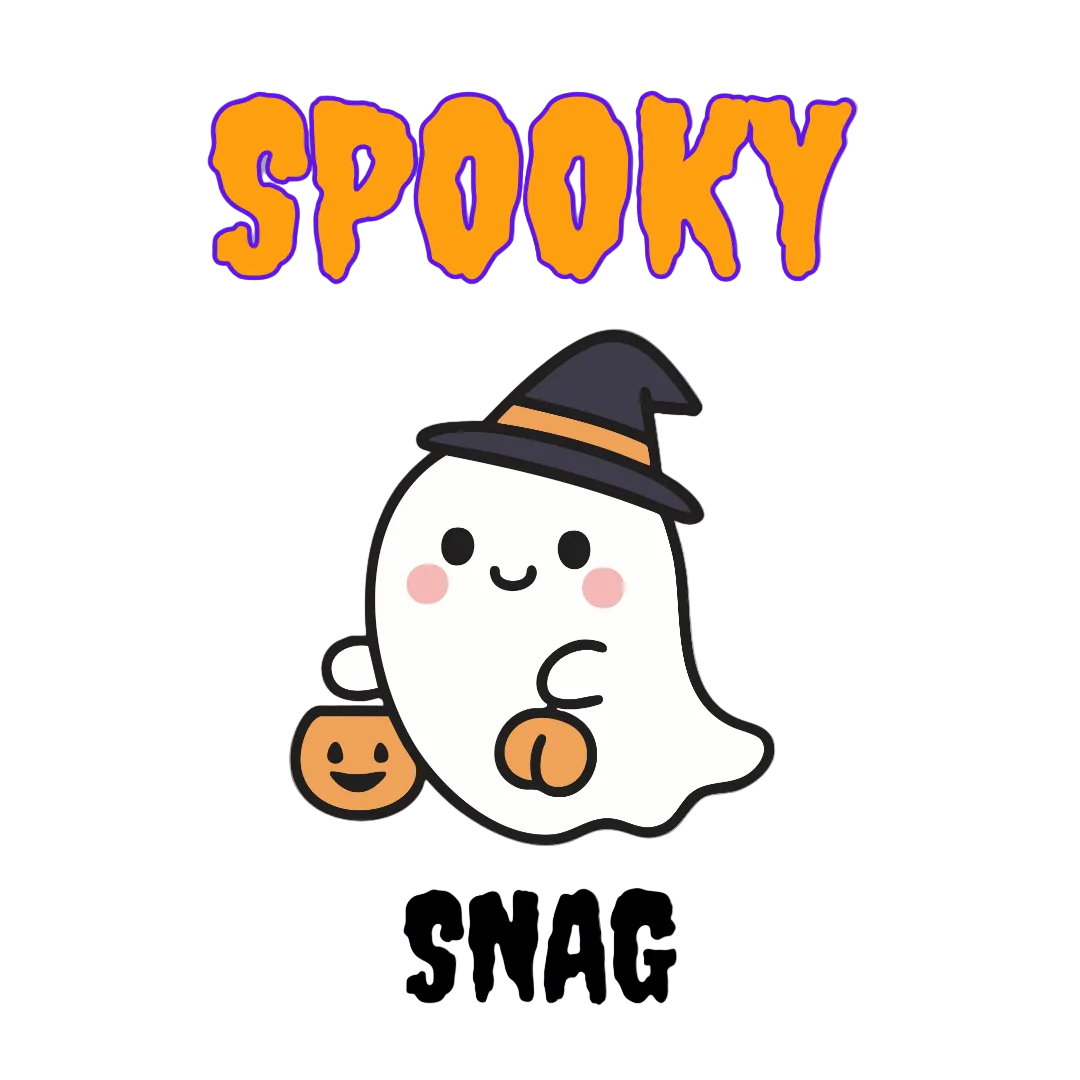 A cartoon Halloween graphic on a gray background with the word 'SPOOKY' in orange at the top and 'SNAG' in purple at the bottom. In the center is a cute white ghost wearing a black witch hat and holding a small orange pumpkin.